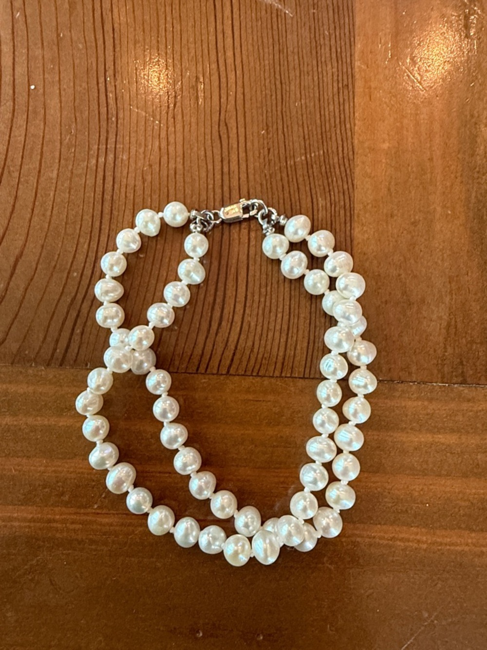 Classic White Pearl Double Strand Bracelet, 925 clasp